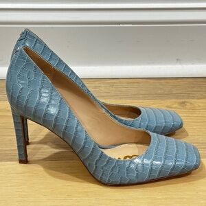Sam Edelman Beth Smokey Blue Leather Square Toe Crocodile Embossed 9.5 High Heel